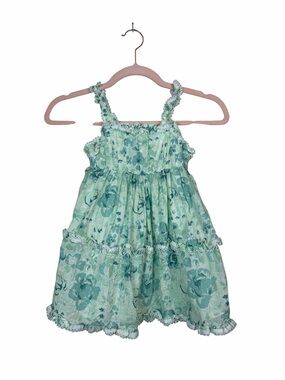 EttaVee Girls Dress 3T Mint Green Floral Metallic Stripe Lace Ruffle